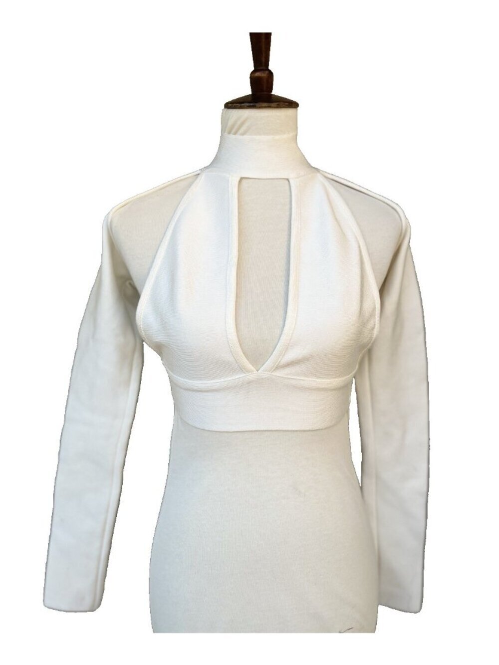 Bossa White Cutout Mock Neck Bandage Top Long Sleeve Stretch Size M - Picture 8 of 9